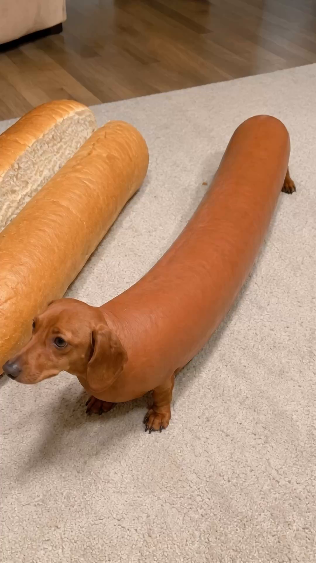 Frank Longdog, an impossibly long dachshund beside hot-dog buns.