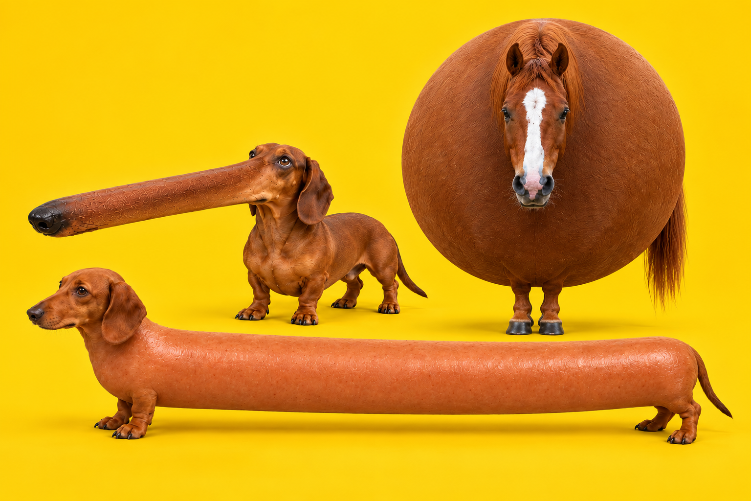 Frank Longdog, Dennis Longnose and two-legged Wilson on the Impossible Animals yellow background.